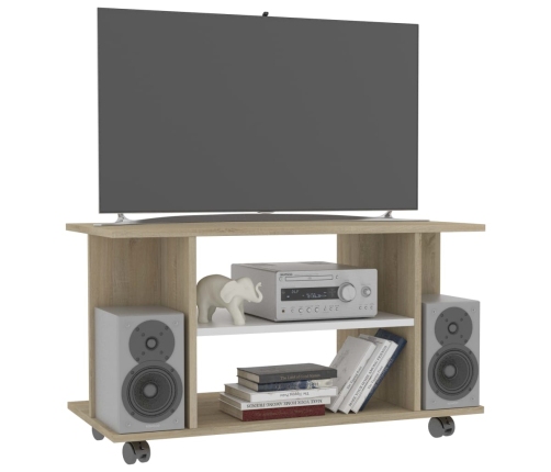 Mueble de TV ruedas madera ingeniería blanco y roble 80x40x45cm