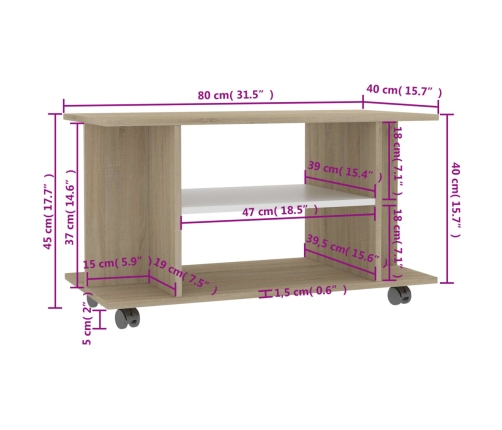 Mueble de TV ruedas madera ingeniería blanco y roble 80x40x45cm