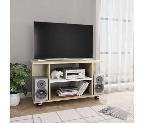 Mueble de TV ruedas madera ingeniería blanco y roble 80x40x45cm