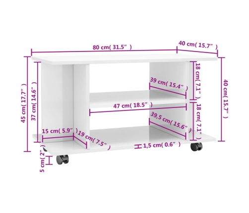 Mueble de TV ruedas madera ingeniería blanco brillo 80x40x45 cm