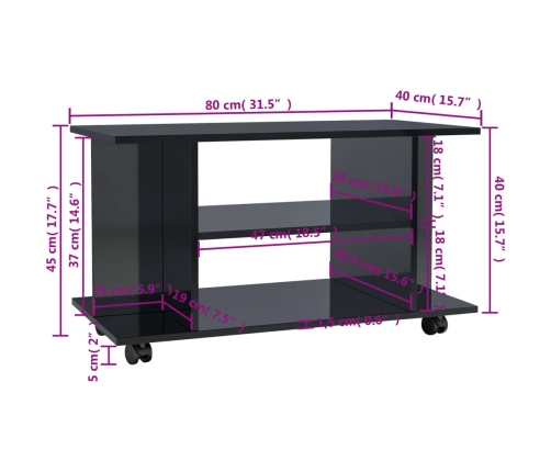 Mueble de TV ruedas madera ingeniería negro brillo 80x40x45 cm