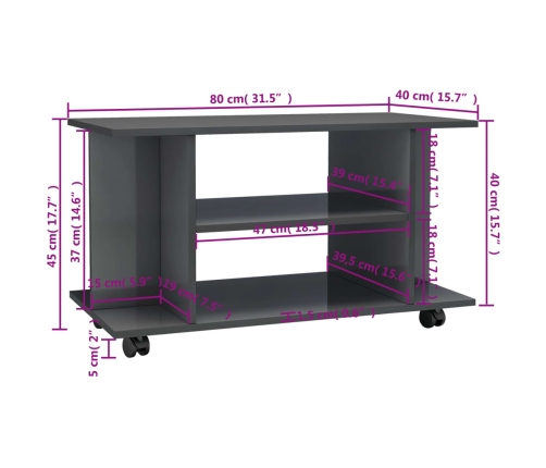 Mueble de TV ruedas madera ingeniería gris brillo 80x40x45 cm