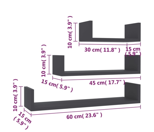 Estantes de pared 3 piezas madera contrachapada gris