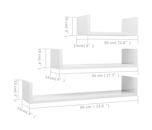 vidaXL Estantes de pared 3 pzas madera contrachapada blanco brillante