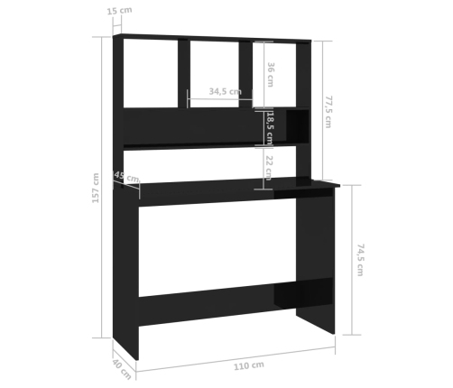 Escritorio con estantes contrachapada negro brillo 110x45x157cm