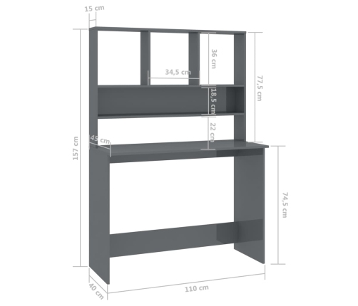 Escritorio con estantes contrachapada gris brillo 110x45x157 cm
