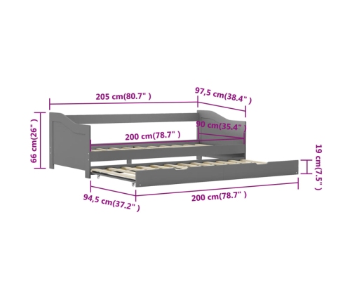Estructura de sofá cama madera de pino gris 90x200 cm