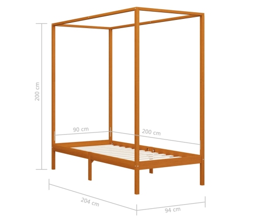 Cama con dosel de madera maciza de pino marrón miel 90x200 cm