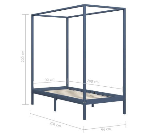 vidaXL Estructura de cama con dosel madera maciza pino gris 90x200 cm