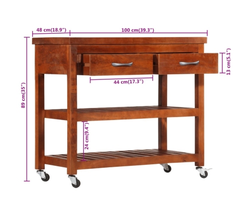 Carrito de cocina de madera maciza de acacia 100x48x89 cm