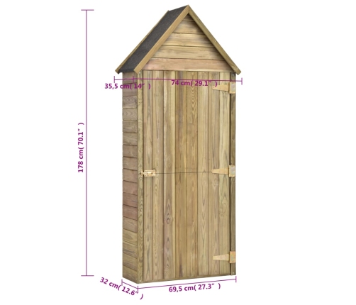 Caseta herramientas jardín con puerta madera pino 69,5x32x178cm