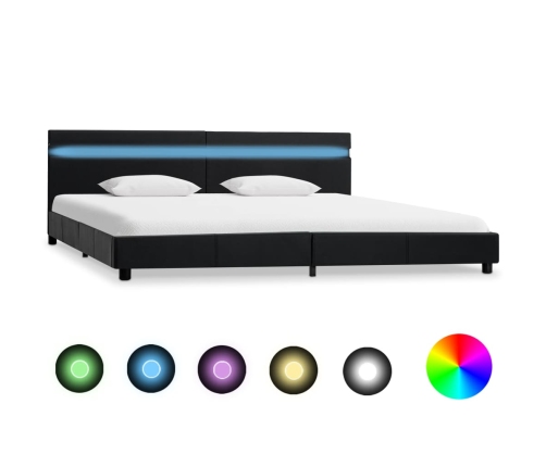 Estructura de cama LED cabecero cuero sintético negro 180x200cm