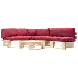 Muebles de palets de jardín con cojines rojos 4 piezas madera