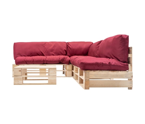 Muebles de palets de jardín con cojines rojos 4 piezas madera