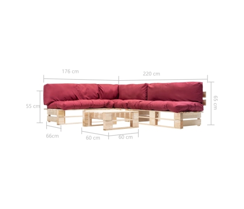 Muebles de palets de jardín con cojines rojos 4 piezas madera