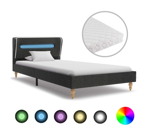 vidaXL Cama con LED y colchón arpillera gris oscuro 90x200 cm