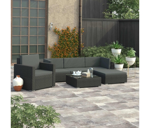 Set muebles de jardín 6 piezas y cojines ratán sintético negro