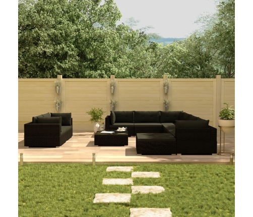 Set muebles de jardín 10 piezas y cojines ratán sintético negro
