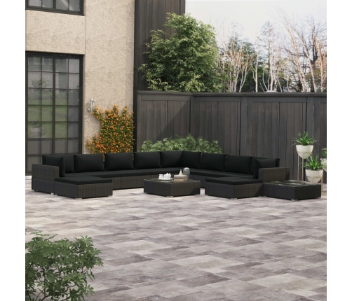 Set muebles de jardín 12 pzas y cojines ratán sintético negro