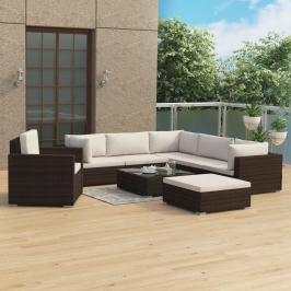 Set muebles de jardín 8 piezas y cojines ratán sintético marrón