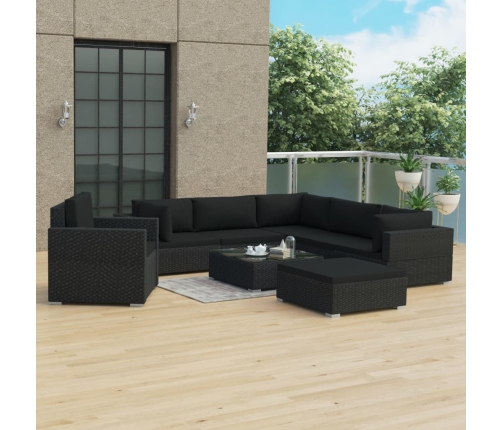 Set muebles de jardín 8 piezas y cojines ratán sintético negro