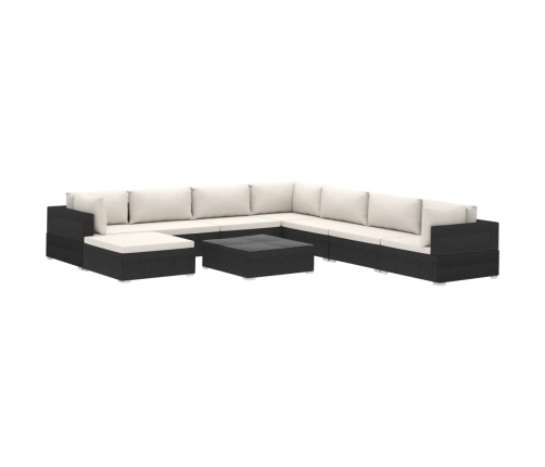 Set de muebles de jardín 9 pzas y cojines ratán sintético negro