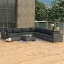 Set de muebles de jardín 9 pzas y cojines ratán sintético gris