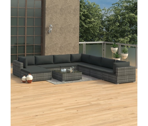 Set de muebles de jardín 9 pzas y cojines ratán sintético gris