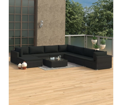 Set de muebles de jardín 9 pzas y cojines ratán sintético negro