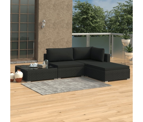 Set de muebles de jardín 4 pzas y cojines ratán sintético negro