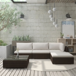 Set muebles de jardín 5 piezas y cojines ratán sintético marrón