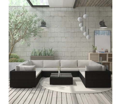 Set de muebles de jardín 9 pzas y cojines ratán sintético negro