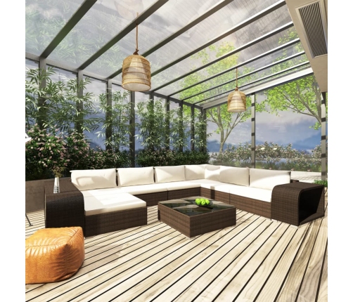 Set muebles de jardín 10 pzas y cojines ratán sintético marrón