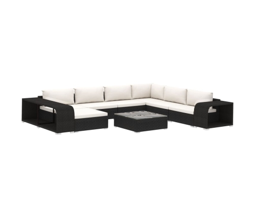 Set muebles de jardín 10 piezas y cojines ratán sintético negro