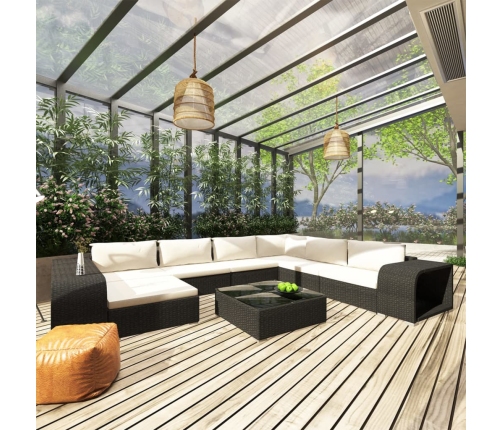 Set muebles de jardín 10 piezas y cojines ratán sintético negro