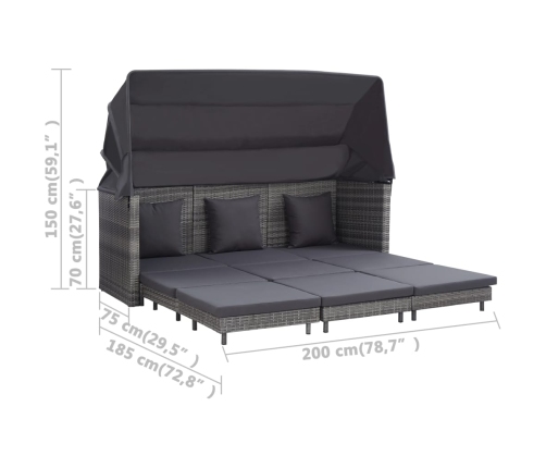 Sofá cama extensible 3 plazas con capota ratán sintético gris