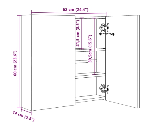 Mueble de baño con espejo LED 60x14x62 cm