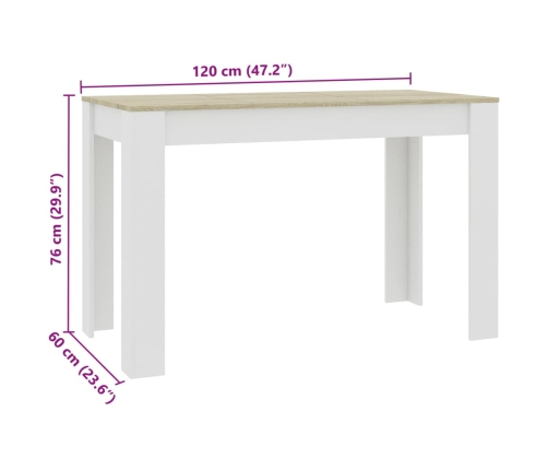 Mesa de comedor aglomerado blanco y roble Sonoma 120x60x76 cm