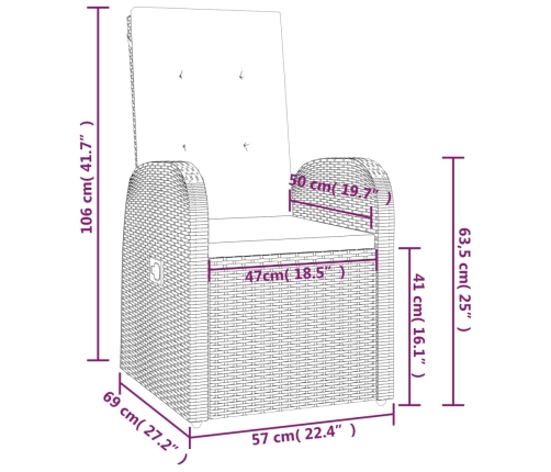 vidaXL Sillas reclinables de jardín y cojines 2 unidades ratán PE gris