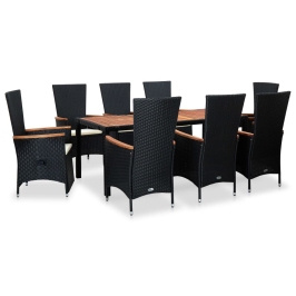 Set comedor de jardín 9 piezas y cojines ratán sintético negro