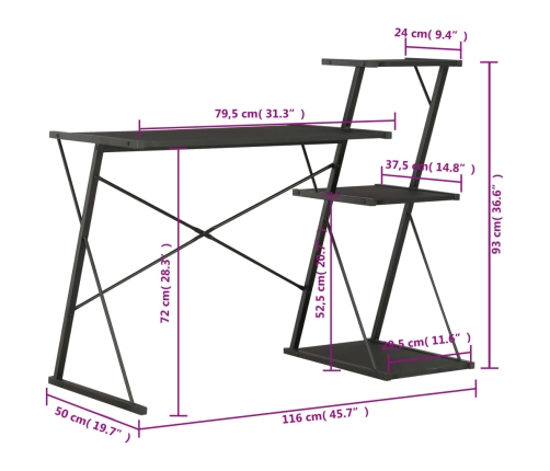 Escritorio con estantería negro 116x50x93 cm