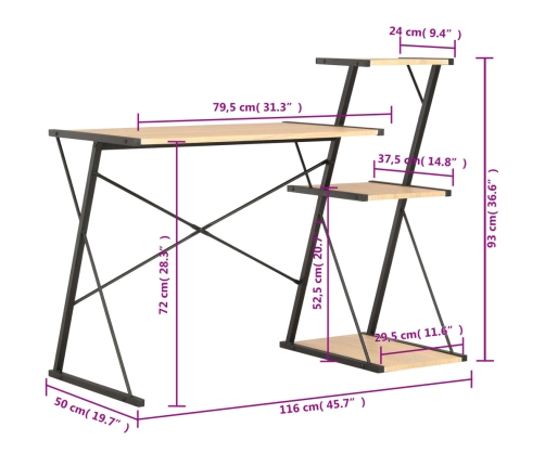 Escritorio con estantería negro y roble 116x50x93 cm