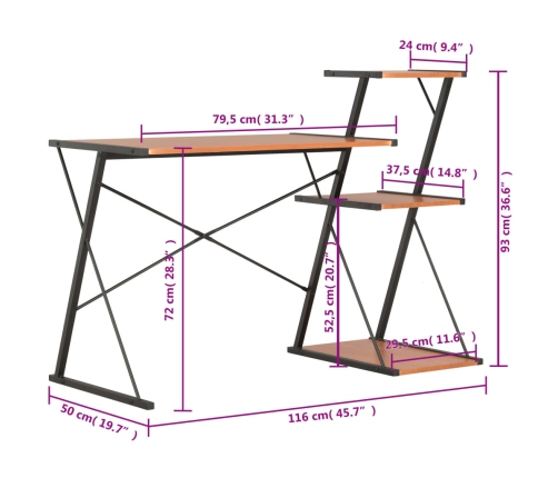 Escritorio con estantería negro y marrón 116x50x93 cm