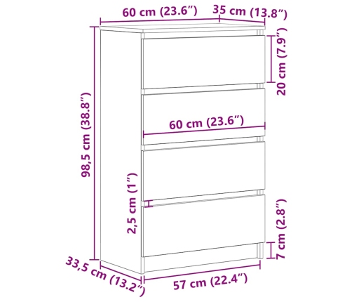 Aparador de madera contrachapada blanco brillante 60x35x98,5 cm