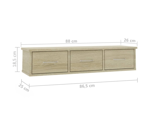 vidaXL Estante de cajones para pared contrachapada roble 88x26x18,5cm