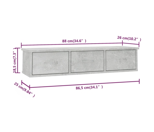 vidaXL Estante cajones para pared contrachapada hormigón 88x26x18,5cm