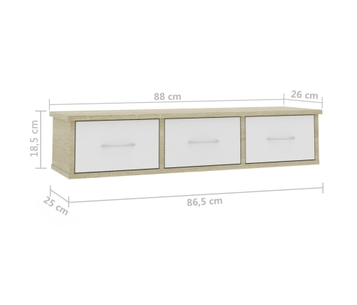 Estante cajones pared contrachapada blanco y roble 88x26x18,5cm