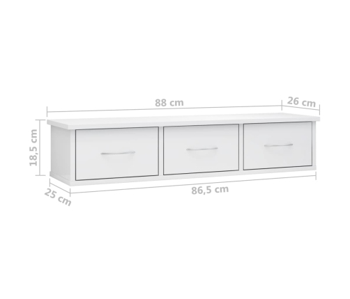 vidaXL Estante cajones pared contrachapada blanco brillo 88x26x18,5cm