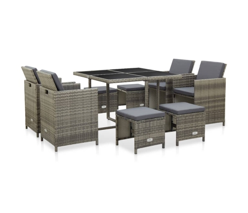 Set de comedor de jardín 9 pzas y cojines ratán sintético gris