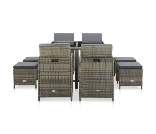 Set de comedor de jardín 9 pzas y cojines ratán sintético gris